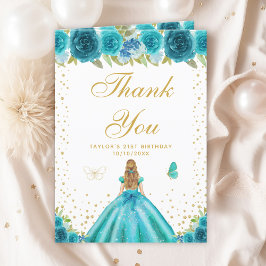 Cartão De Agradecimento Festa de aniversário de Teal Floral Blona Hair Gir