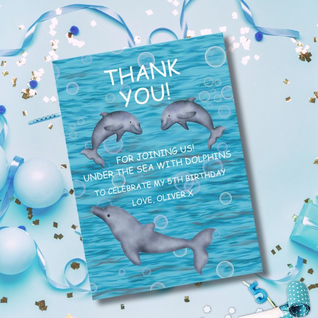 Cartão De Agradecimento Festa de Aniversário Debaixo do Mar Com Golfinhos  (Criador carregado)