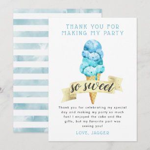 Cartão De Agradecimento Festa de Aniversário do Menino com Sorvete Azul