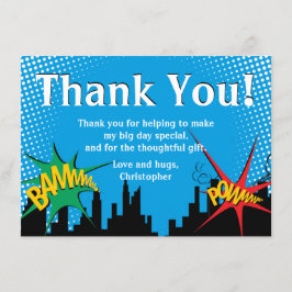 Cartão De Agradecimento Festa de aniversário do Super Herói Comic Boy Obri