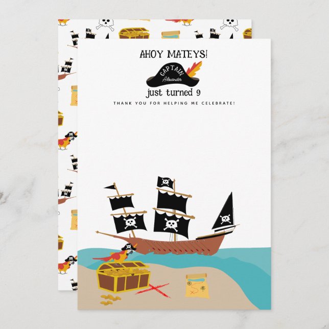Cartão De Agradecimento Festa de aniversário do tema Pirata Obrigado (Frente/Verso)