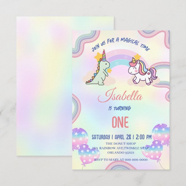 Cartão De Agradecimento Festa de Aniversário do Unicórnio Arco-íris e Amig (Frente/Verso)