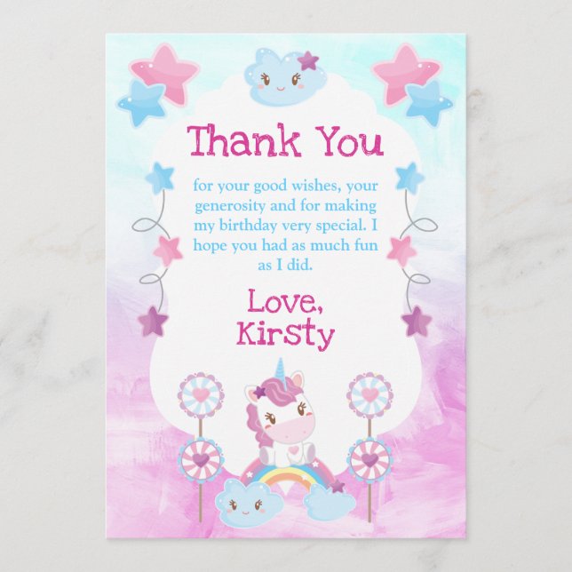Cartão De Agradecimento Festa de Aniversário do Unicórnio Sonhador Fofo co (Frente)