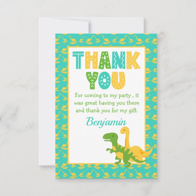 Cartão De Agradecimento Festa de Aniversário dos Meninos Dinossauro Fofos (Frente)