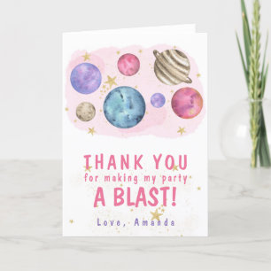 Cartão De Agradecimento Festa de Aniversário Espacial Planetas Rosa
