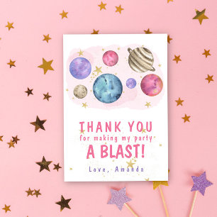 Cartão De Agradecimento Festa de Aniversário Espacial Planetas Rosa