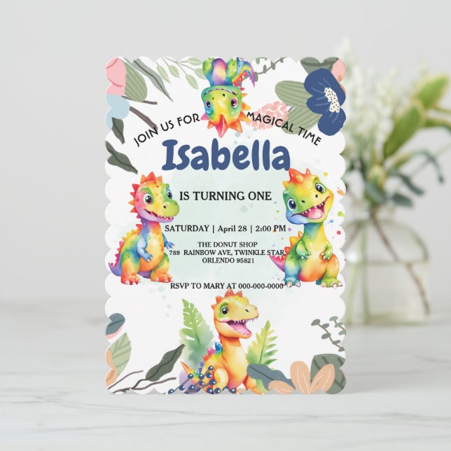 Cartão De Agradecimento Festa de Aniversário Feliz do Dinossauro Floral (Em pé/Frente)