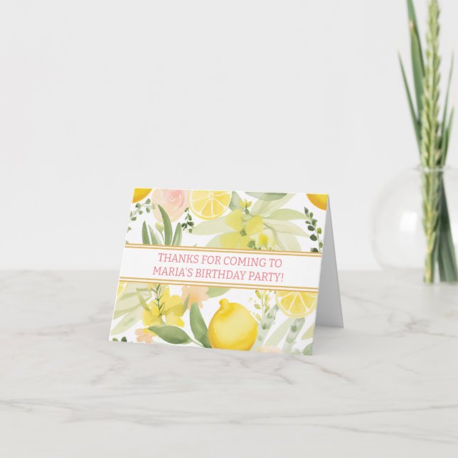Cartão De Agradecimento Festa de aniversário Floral de Limão de Aquarela (Frente)