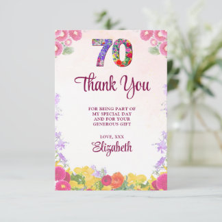 Cartão De Agradecimento Festa de aniversário Floral Elegante / 70 Anos