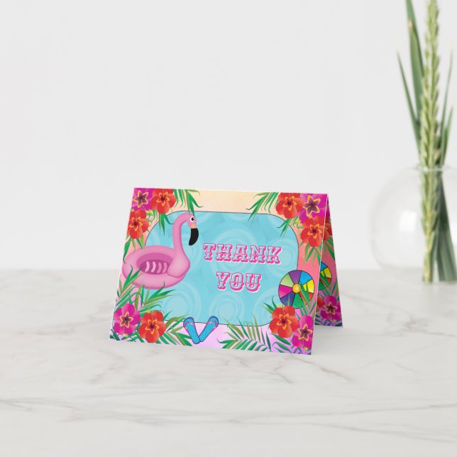 Cartão De Agradecimento Festa de Aniversário Floral Rosa Flamingle Obrigad (Frente)