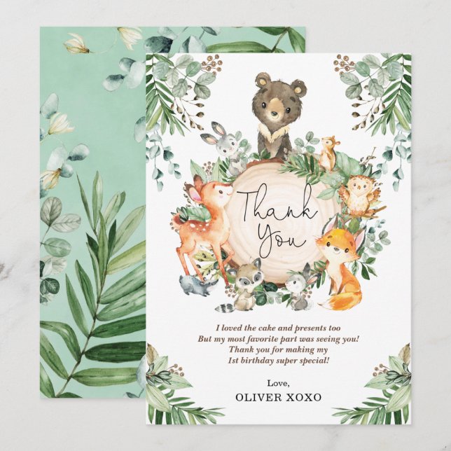 Cartão De Agradecimento Festa de Aniversário Floresta Animais Fofo Verde (Frente/Verso)