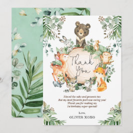 Cartão De Agradecimento Festa de Aniversário Floresta Animais Fofo Verde