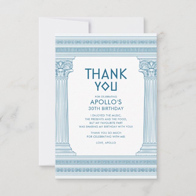 Cartão De Agradecimento Festa de aniversário grega com templo azul (Frente)