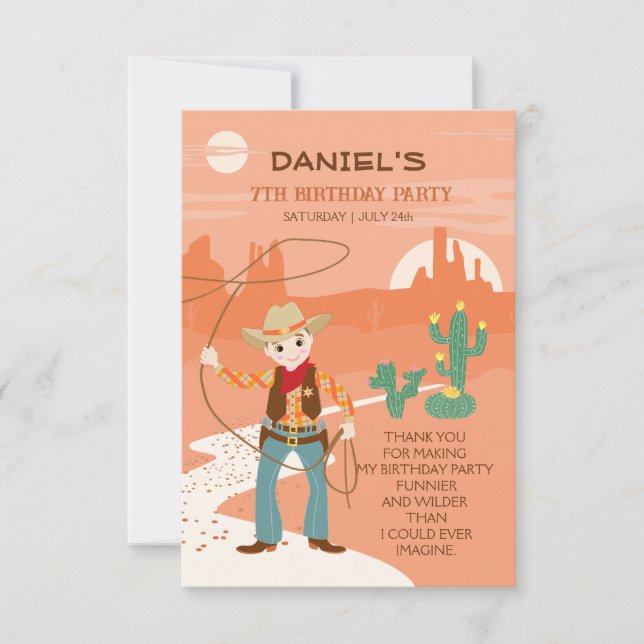 Cartão De Agradecimento Festa de aniversário infantil com Cowboy com laço  (Frente)