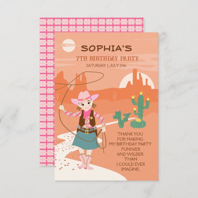 Cartão De Agradecimento Festa de Aniversário Infantil da Cowgirl com laço  (Frente/Verso)