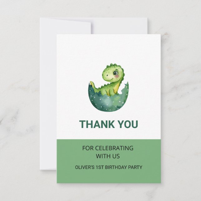 Cartão De Agradecimento Festa de Aniversário Infantil Dinossauro Verde Fof (Frente)