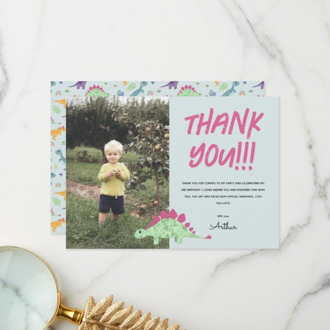 Cartão De Agradecimento Festa de Aniversário Infantil Meninos Dinossauro A (Frente/Verso In Situ)