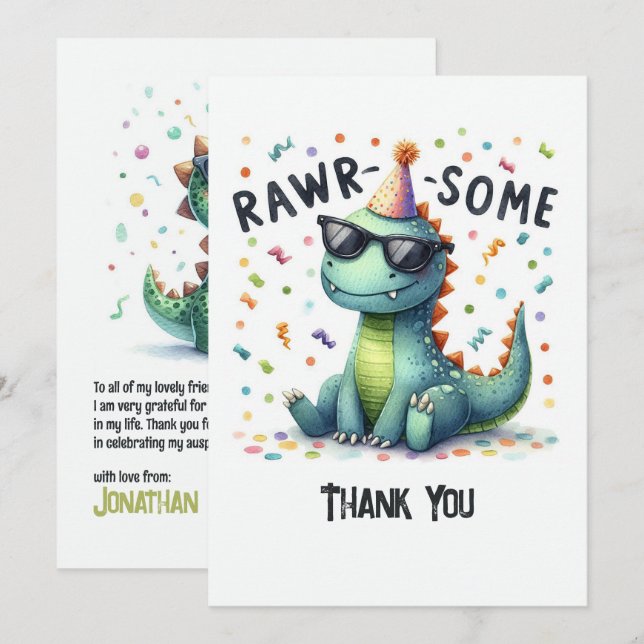 Cartão De Agradecimento Festa de Aniversário Infantil “Rawr-some” do Dinos (Frente/Verso)