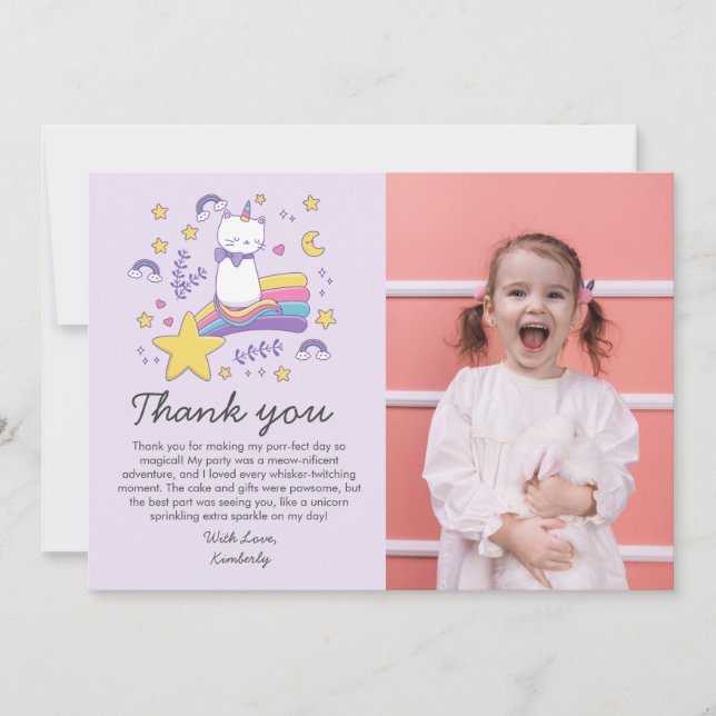 Cartão De Agradecimento Festa de Aniversário Infantil Unicórnio Gato Fofur (Frente)