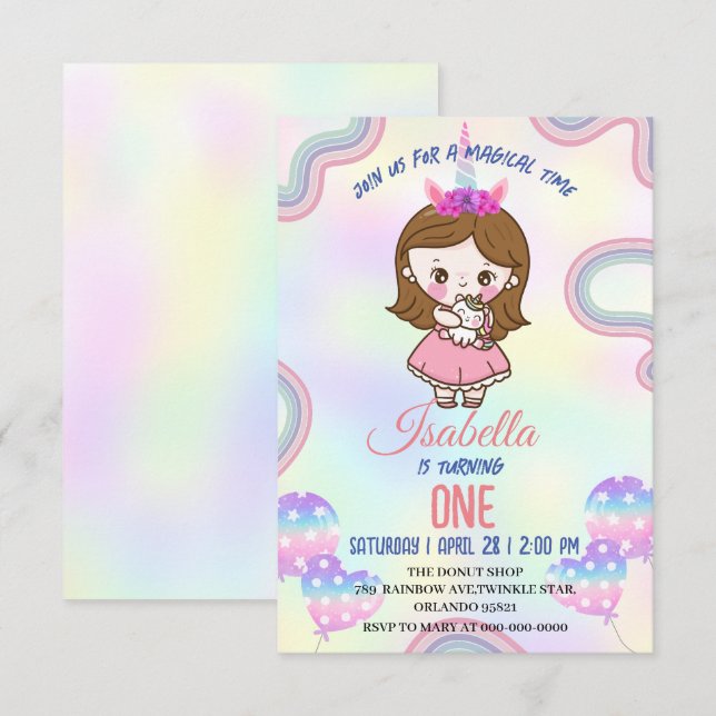 Cartão De Agradecimento Festa de aniversário kawaii arco-íris unicórnio pa (Frente/Verso)
