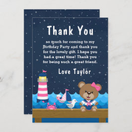 Cartão De Agradecimento Festa de Aniversário Menina Náutica Urso Rosa e Az