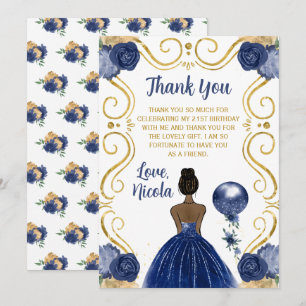 Cartão De Agradecimento Festa de Aniversário Princesa de Pele Morena Azul 