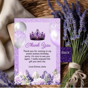 Cartão De Agradecimento Festa de aniversário Purple Sparkle Sweet 16