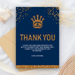 Cartão De Agradecimento Festa de aniversário real Dourado azul do prínci