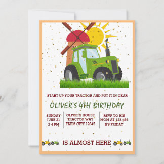 Cartão De Agradecimento Festa de Aniversário Tema Meninos do Trator Verde