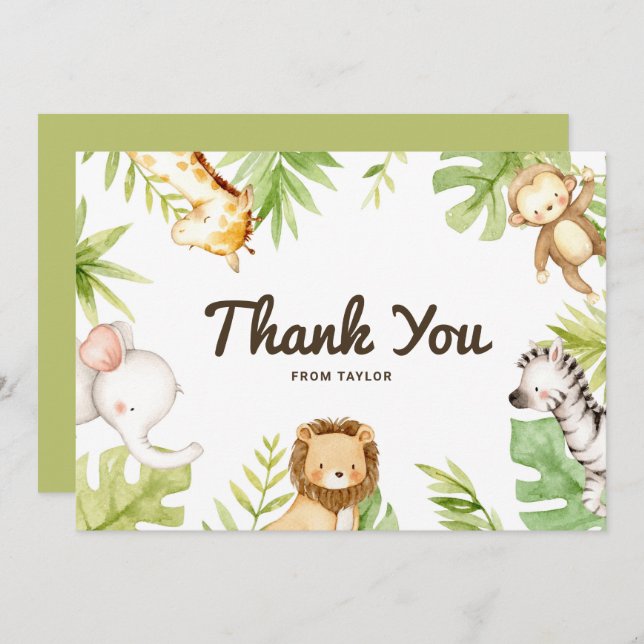 Cartão De Agradecimento Festa de Aniversário Tropical com Amigos da Safari (Frente/Verso)