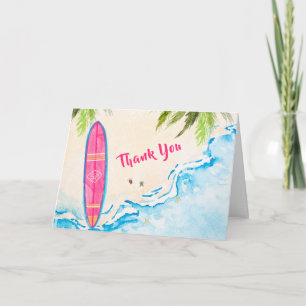 Cartão De Agradecimento Festa de Bebê Tema Praia da Palme de Surf Rosa