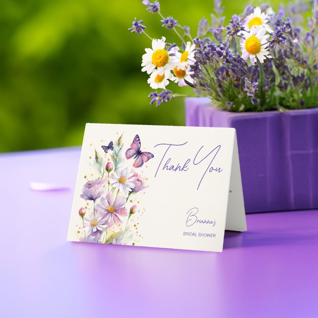 Cartão De Agradecimento Festa de casamento borboletas roxas (Purple lavender butterflies bridal shower thank you card enchanted garden spring summed theme)