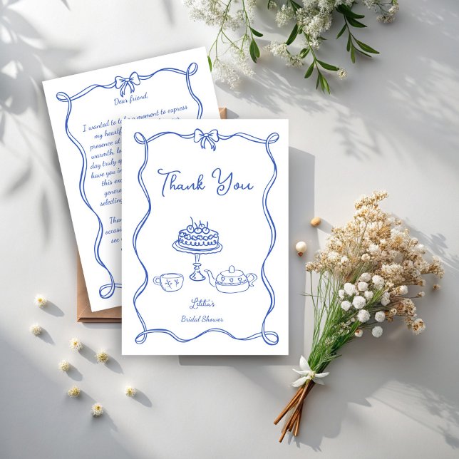 Cartão De Agradecimento Festa de chá de noiva arco desenhado à mão (Whimsical hand drawn bow bridal tea party thank you card bridal shower tea party thank you cards)