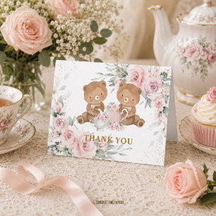 Cartão De Agradecimento Festa de chá de ursinhos florais rosa Blush de ani