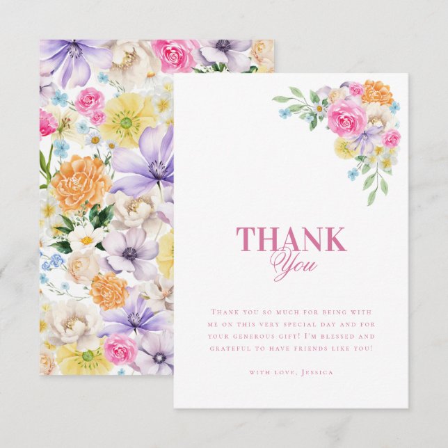 Cartão De Agradecimento Festa de Chá no Jardim Aquarela Floral Chá de Noiv (Frente/Verso)
