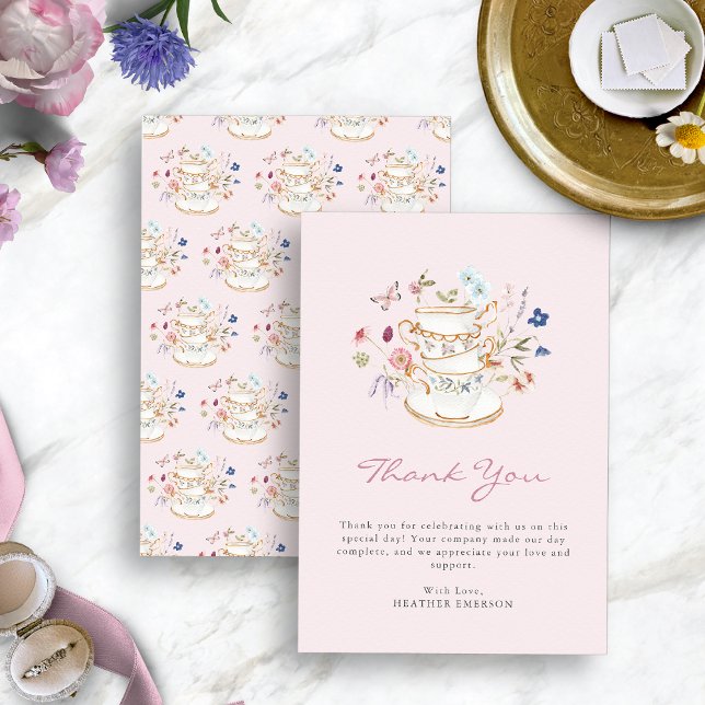 Cartão De Agradecimento Festa de Chá Rosa Blush (Blush Pink Tea Party Thank You Card with Butterfly by Painted Paperie
)
