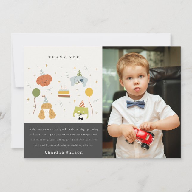 Cartão De Agradecimento Festa de Crianças Fofas Cachorros Foto Aniversário (Frente)