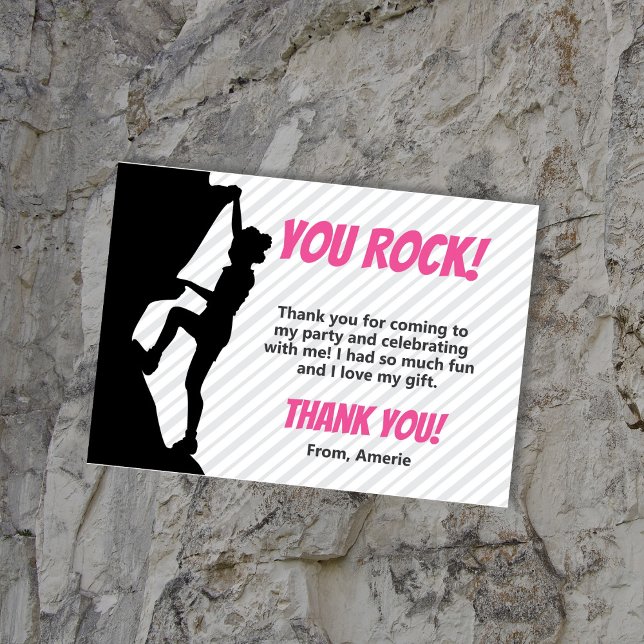 Cartão De Agradecimento Festa de Escalada de Black Girl Rock (Black Girl Rock Cllimbing Birthday Thank You Cards featuring a girl with afro puffs. Gray and pink)