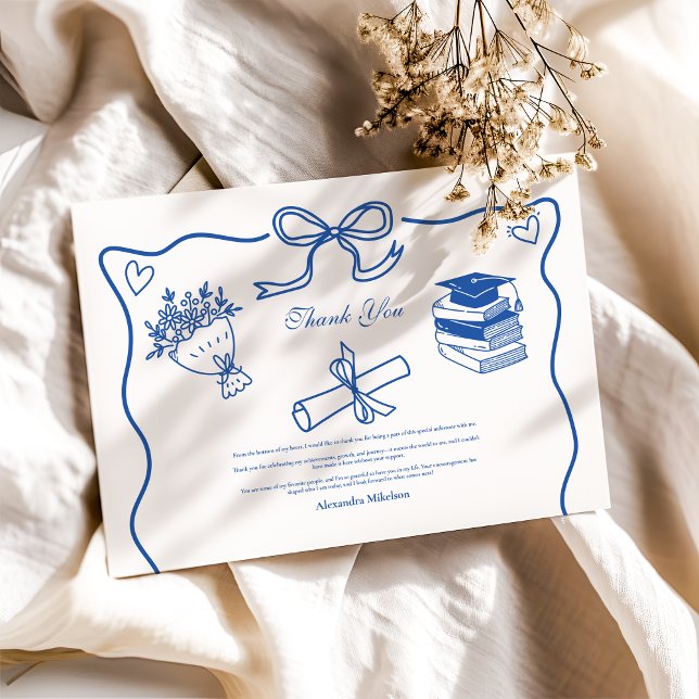 Cartão De Agradecimento Festa de formatura Azul Ilustrada Desenhada à Mão (Criador carregado)