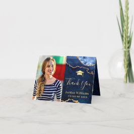 Cartão De Agradecimento Festa de formatura Azul Marble Agate de Ouro Moder