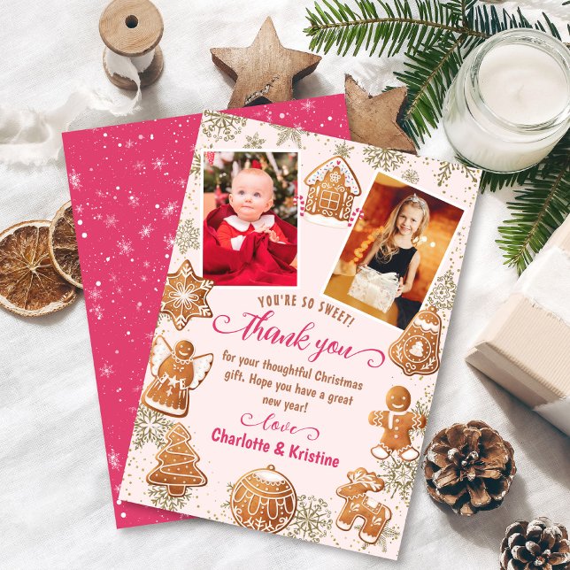 Cartão De Agradecimento Festa de Natal do Snow Gingerbread Rosa 2 Foto  (Criador carregado)