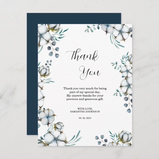 Cartão De Agradecimento Festa de noivado em azul marinho com flores de alg (Frente/Verso)