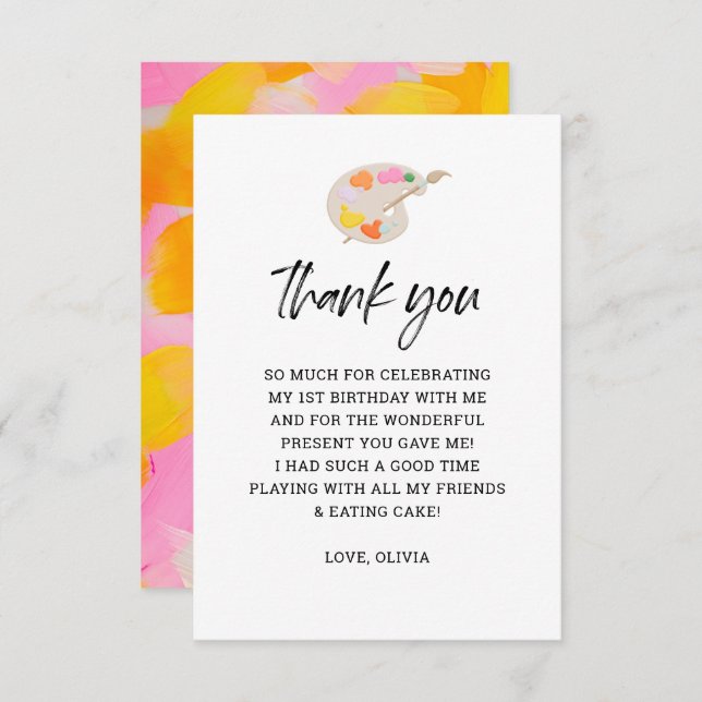 Cartão De Agradecimento Festa de Pintura 1º Festa de Aniversário Obrigado  (Frente/Verso)