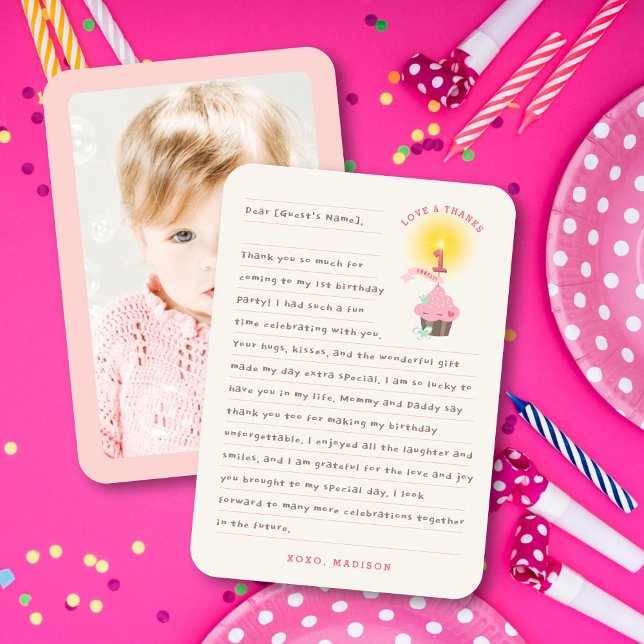 Cartão De Agradecimento Festa de primeiro aniversario da Menina Rosa Cupca (Whimsical Little Miss Pink Cupcake Girl's 1st Birthday Party Photo Thank You Card @ fat_fa_tin)