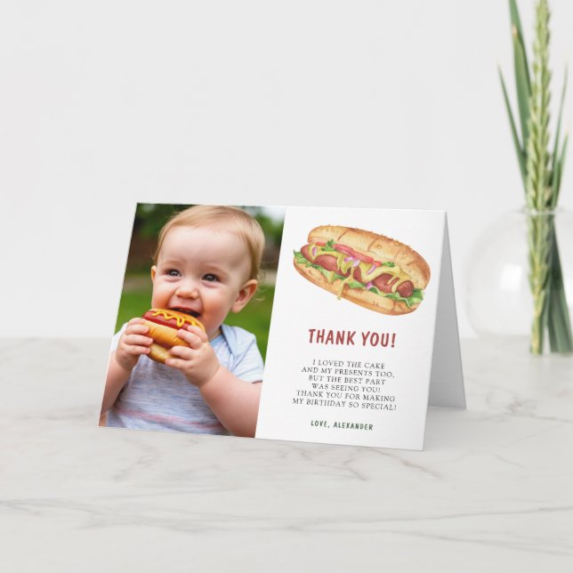 Cartão De Agradecimento Festa de Primeiro Aniversário do Cachorro Quente A (Frente)