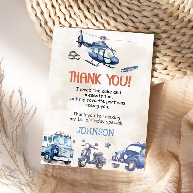 Cartão De Agradecimento Festa de primeiro aniversario do Garoto Policial (Criador carregado)