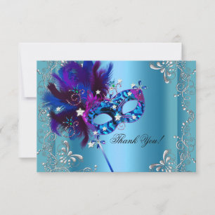 Cartão De Agradecimento Festa de Quinceanera Mascarada Azul Obrigado