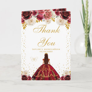 Cartão De Agradecimento Festa de Quinze Anos Princesa Floral Vermelha