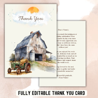 Cartão De Agradecimento Festa de Trator de Aniversário da Fazenda Vintage
