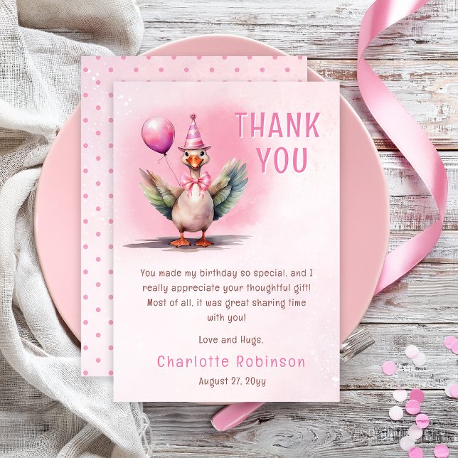 Cartão De Agradecimento Festa de Um Aninho da Menina Ganso Boba Rosa (Sweet silly goose thank you card with pink watercolor goose and soft pastel party design)